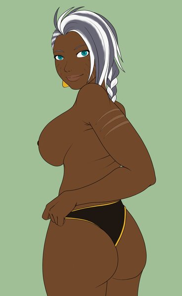 Size: 1803x2940 | Tagged: questionable, artist:eve-ashgrove, derpibooru import, zecora, human, breasts, busty zecora, butt, clothes, dark skin, female, green background, humanized, image, jpeg, looking at you, nudity, panties, partial nudity, pretty, simple background, smiling, solo, solo female, stupid sexy zecora, topless, underwear, zecorass