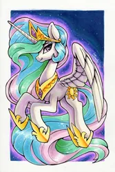 Size: 1791x2684 | Tagged: safe, artist:dandy, derpibooru import, princess celestia, alicorn, pony, copic, ear fluff, female, flying, horn, image, jewelry, png, regalia, solo, stars, traditional art, wings