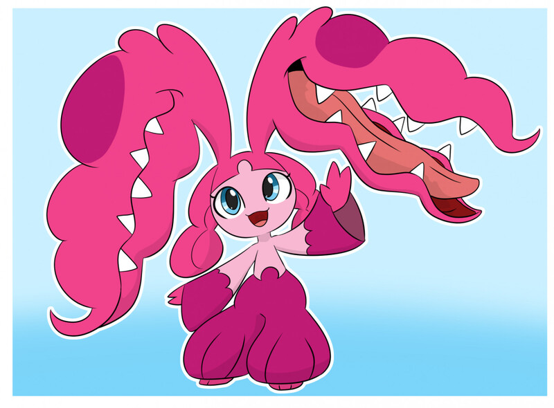 Size: 1280x944 | Tagged: safe, artist:dendollae, derpibooru import, pinkie pie, mawile, crossover, female, image, jpeg, mega mawile, open mouth, open smile, pokefied, pokémon, smiling, solo, waving