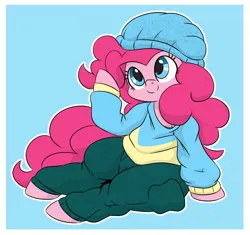 Size: 1280x1204 | Tagged: safe, artist:dendollae, derpibooru import, pinkie pie, earth pony, pony, beanie, clothes, female, hat, image, jpeg, looking up, mare, pants, sitting, smiling, solo, sweater