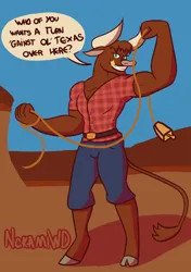 Size: 1900x2700 | Tagged: safe, artist:nokami-wolfdog, derpibooru import, anthro, bull, unguligrade anthro, them's fightin' herds, bell, belt, clothes, community related, cowbell, denim, flannel, flannel shirt, flexing, image, jeans, male, muscles, muscular male, pants, png, signature, smiling, solo, talking to viewer, texas (tfh)