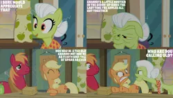 Size: 4400x2475 | Tagged: safe, derpibooru import, edit, edited screencap, editor:quoterific, screencap, applejack, big macintosh, granny smith, apple family reunion, image, png