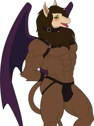 Size: 1523x2028 | Tagged: suggestive, artist:sparks220stars, derpibooru import, scorpan, anthro, gargoyle, abs, blushing, bondage, collar, harness, image, jockstrap, looking at you, male, muscles, open mouth, pecs, png, simple background, solo, solo male, tack, transparent background, wings