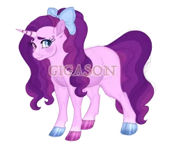 Size: 2395x2021 | Tagged: safe, artist:gigason, derpibooru import, oc, oc:sugar cookie, pony, unicorn, bow, female, hair bow, heterochromia, hooves, image, magical lesbian spawn, mare, multicolored hooves, obtrusive watermark, offspring, parent:pinkie pie, parent:sugar belle, parents:sugarpie, png, simple background, solo, transparent background, watermark