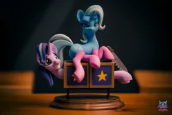Size: 3000x2000 | Tagged: safe, artist:shuxer59, derpibooru import, starlight glimmer, trixie, pony, unicorn, box, box sawing trick, butt, clothes, craft, female, figurine, grin, image, jpeg, magic trick, mare, nervous, photo, plot, saw, sculpture, smiling, socks, stockings, thigh highs