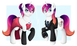 Size: 4100x2500 | Tagged: safe, artist:puggie, derpibooru import, oc, oc:passion, unofficial characters only, pony, unicorn, clothes, dress, image, jewelry, pipbuck, png, sapphire, suit