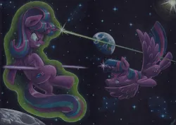 Size: 4930x3490 | Tagged: safe, artist:xeviousgreenii, derpibooru import, starlight glimmer, twilight sparkle, twilight sparkle (alicorn), alicorn, earth pony, pony, absurd file size, blast, high res, image, magic, magic blast, png, space, traditional art