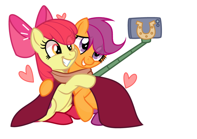 Size: 3158x2222 | Tagged: safe, artist:cheekycheesefan101, artist:idkhesoff, derpibooru import, apple bloom, scootaloo, earth pony, pegasus, pony, adorabloom, apple bloom's bow, base used, bow, cape, clothes, cute, cutealoo, duo, female, grin, hair bow, heart, hug, image, lesbian, mare, mobile phone, older, older apple bloom, older scootaloo, phone, png, scarf, scootabloom, selfie, selfie stick, shared clothing, shared scarf, shipping, simple background, smartphone, smiling, socks, transparent background