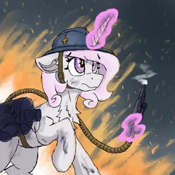 Size: 2348x2360 | Tagged: safe, artist:reddthebat, derpibooru import, fleur-de-lis, pony, unicorn, female, fire, flamethrower, helmet, horn, image, magic, mare, png, solo, telekinesis, weapon, world war i