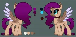 Size: 6000x2919 | Tagged: safe, artist:dancingkinfiend, derpibooru import, oc, unofficial characters only, pegasus, pony, base used, blue eyes, brown fur, choker, coat markings, colored hooves, colored muzzle, colored wings, derpibooru exclusive, ears up, eyebrows, female, frown, g4, gradient mane, high res, hooves, image, jpeg, mare, pegasus oc, purple hair, purple mane, reference sheet, simple background, solo, spots, spread wings, tail, wavy hair, wavy mane, wavy tail, wings
