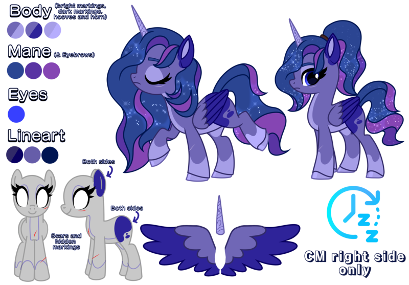 Size: 7175x5000 | Tagged: safe, artist:dancingkinfiend, derpibooru import, oc, oc:lunartwinkle, unofficial characters only, alicorn, pony, alicorn oc, blue fur, blue mane, coat markings, colored ears, colored wings, cut, cutie mark, derpibooru exclusive, eyebrows, eyes closed, female, folded wings, frown, g4, grey fur, hairband, high res, hooves, horn, image, mare, multicolored hair, multicolored tail, multicolored wings, png, ponytail, purple mane, raised hoof, reference sheet, scar, socks (coat marking), solo, sparkly mane, spread wings, tail, wavy hair, wavy mane, wavy tail, wings