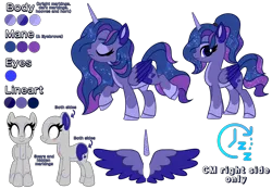 Size: 7175x5000 | Tagged: safe, artist:dancingkinfiend, derpibooru import, oc, oc:lunartwinkle, unofficial characters only, alicorn, pony, alicorn oc, blue fur, blue mane, coat markings, colored ears, colored wings, cut, cutie mark, derpibooru exclusive, eyebrows, eyes closed, female, folded wings, frown, g4, grey fur, hairband, high res, hooves, horn, image, mare, multicolored hair, multicolored tail, multicolored wings, png, ponytail, purple mane, raised hoof, reference sheet, scar, socks (coat marking), solo, sparkly mane, spread wings, tail, wavy hair, wavy mane, wavy tail, wings