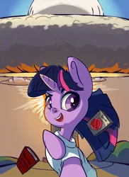 Size: 1437x1971 | Tagged: safe, derpibooru import, twilight sparkle, pony, unicorn, book, explosion, female, g4, half, image, looking at you, mare, modular, nuclear explosion, png, red button, selfie