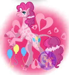 Size: 436x471 | Tagged: safe, artist:luna_mcboss, derpibooru import, pinkie pie, earth pony, pony, appaloosa, balloonbutt, blue eyes, butt, chest fluff, coat markings, cutie mark, feathered fetlocks, female, heart, heart background, hooves, image, long legs, long tail, pink background, pink coat, pink hair, png, rearing, simple background, solo, solo female, tail