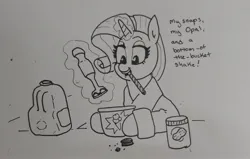 Size: 2048x1300 | Tagged: safe, artist:pony quarantine, derpibooru import, rarity, pony, unicorn, bathrobe, clothes, cookie, dialogue, female, food, grayscale, ice cream, image, immersion blender, jpeg, mare, milk, monochrome, mouth hold, oreo, peanut butter, requested art, robe, singing, solo, traditional art