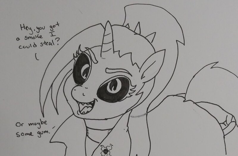 Size: 2048x1344 | Tagged: safe, artist:pony quarantine, derpibooru import, oc, oc:dyx, alicorn, pony, dialogue, female, filly, foal, grayscale, image, jpeg, monochrome, open mouth, requested art, solo, talking to viewer, traditional art