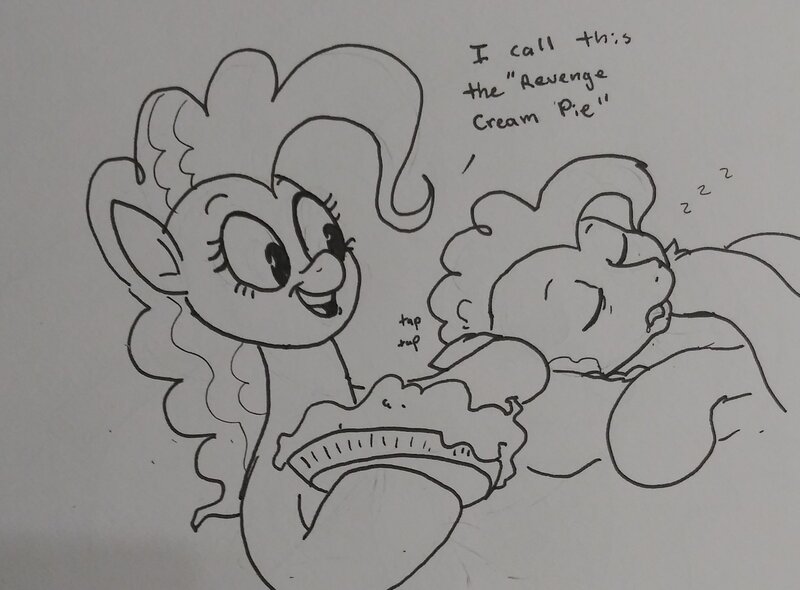 Size: 2048x1510 | Tagged: safe, artist:pony quarantine, derpibooru import, cheese sandwich, pinkie pie, earth pony, pony, dialogue, duo, female, food, grayscale, image, jpeg, male, mare, monochrome, onomatopoeia, pie, prank, requested art, sound effects, stallion, traditional art, zzz