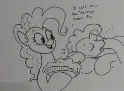 Size: 2048x1510 | Tagged: safe, artist:pony quarantine, derpibooru import, cheese sandwich, pinkie pie, earth pony, pony, dialogue, duo, female, food, grayscale, image, jpeg, male, mare, monochrome, onomatopoeia, pie, prank, requested art, sound effects, stallion, traditional art, zzz