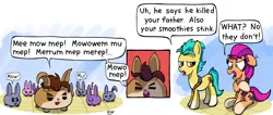 Size: 2115x894 | Tagged: safe, artist:ebbysharp, derpibooru import, hitch trailblazer, sunny starscout, earth pony, pony, rabbit, :3, :o, >:), animal, blaze (coat marking), coat markings, cross-popping veins, dialogue, exclamation point, facial markings, fangs, female, floppy ears, funny, g5, image, implied argyle starshine, male, marcel, mare, my little pony: a maretime bay adventure, offended, open mouth, open smile, png, smiling, socks (coat marking), speech bubble, stallion, tongue out