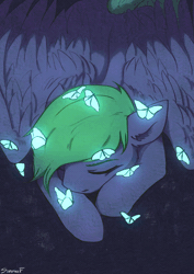 Size: 2150x3035 | Tagged: safe, artist:sinrinf, derpibooru import, oc, oc:aqua grass, butterfly, insect, pegasus, pony, animated, commission, gif, image, sleeping, solo, wings, ych result