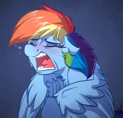 Size: 2424x2328 | Tagged: safe, artist:witchtaunter, derpibooru import, rainbow dash, pegasus, pony, chest fluff, crying, ear fluff, eyes closed, floppy ears, gradient background, image, open mouth, png, sad, screaming, solo, teary eyes