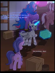 Size: 6000x8000 | Tagged: safe, artist:sinrinf, derpibooru import, cookie crumbles, oc, oc:king speedy hooves, oc:princess mythic majestic, oc:queen galaxia, alicorn, pony, unicorn, boxes, comic, comic sans, commission, commissioner:bigonionbean, fusion, glow, glowing horn, horn, image, png, wings