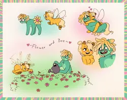 Size: 2048x1604 | Tagged: safe, artist:katputze, derpibooru import, oc, oc:bee, oc:flower, unofficial characters only, anthro, bee pony, earth pony, original species, pony, bad teeth, butt, eyes on the prize, female, floating heart, flower, flying, heart, hug, image, jpeg, looking back, male, mare, oc x oc, open mouth, open smile, plot, shipping, smiling, stallion, tongue out, watering can