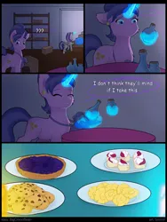 Size: 6000x8000 | Tagged: safe, artist:sinrinf, derpibooru import, blueberry pie, cookie crumbles, oc, oc:princess mythic majestic, alicorn, pony, unicorn, commission, commissioner:bigonionbean, cookie, food, glow, glowing horn, horn, image, pie, png, potion
