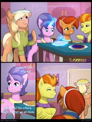 Size: 6000x8000 | Tagged: safe, artist:sinrinf, derpibooru import, cookie crumbles, mane allgood, stellar flare, stormy flare, pegasus, pony, unicorn, comic, commission, commissioner:bigonionbean, cookie, food, glow, glowing horn, horn, image, pie, png, wings