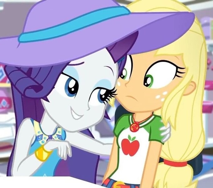 Size: 748x660 | Tagged: safe, derpibooru import, screencap, applejack, rarity, camping must-haves, equestria girls, equestria girls series, spoiler:eqg series (season 2), duo, duo female, female, hat, image, jpeg