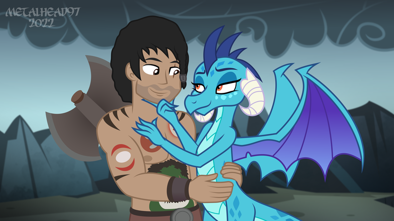 Size: 8000x4500 | Tagged: safe, artist:metalhead97, derpibooru import, princess ember, oc, oc:skull crusher, dragon, human, axe, bedroom eyes, belt, canon x oc, clothes, commission, dragon lands, dragoness, female, five o'clock shadow, image, lay the dragon, lidded eyes, looking at each other, looking at someone, male, male nipples, nipples, nudity, png, shipping, short hair, show accurate, smiling, smiling at each other, straight, tattoo, weapon