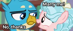 Size: 1219x533 | Tagged: safe, derpibooru import, edit, edited screencap, screencap, cozy glow, gallus, gryphon, pegasus, pony, what lies beneath, cropped, duo, female, filly, foal, gallus is not amused, image, male, png, unamused