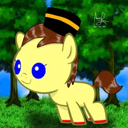 Size: 768x768 | Tagged: safe, artist:mazakbar567, derpibooru import, edit, oc, oc:bouraq, unofficial characters only, earth pony, pony, baby, baby pony, blue eyes, brown mane, cap, cute, forest, grass, hat, image, male, png, smiling, tree