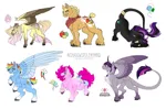 Size: 1280x843 | Tagged: safe, artist:shad0wsrulemymind, applejack, fluttershy, pinkie pie, rainbow dash, rarity, twilight sparkle, alicorn, earth pony, pegasus, pony, unicorn, alternate cutie mark, bandana, bow, bracelet, chest fluff, coat markings, colored ears, colored hooves, female, glasses, hoof fluff, image, jewelry, jpeg, leonine tail, mane six, mare, necklace, open mouth, redesign, scar, short tail, simple background, smiling, tail bow, tail wrap, twitterina design, two toned wings, unshorn fetlocks, white background, wings