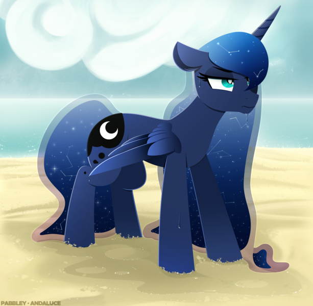 Size: 2200x2152 | Tagged: safe, artist:andaluce, artist:pabbley, derpibooru import, princess luna, alicorn, pony, beach, constellation, female, grumpy, image, lineless, mare, ocean, png, sand, solo, water, wet, wet mane