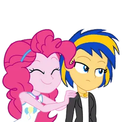 Size: 1280x1280 | Tagged: safe, artist:mlpfan3991, artist:yaya54320bases, derpibooru import, pinkie pie, oc, oc:flare spark, equestria girls, duo, duo female, eyes closed, female, hand on shoulder, happy, image, png, simple background, smiling, transparent background