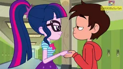 Size: 739x415 | Tagged: safe, artist:conikiblasu-fan, derpibooru import, sci-twi, twilight sparkle, equestria girls, crossover, crossover shipping, female, image, jpeg, looking at each other, looking at someone, male, marco diaz, shipping, star vs the forces of evil, straight