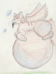 Size: 1813x2373 | Tagged: suggestive, artist:themagicsketch, derpibooru import, oc, unofficial characters only, pegasus, pony, belly, big belly, bloated, blueberry inflation, drool, huge belly, image, impossibly large belly, inflation, jpeg, male, overweight, solo, tongue out, traditional art