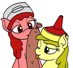Size: 1500x1400 | Tagged: suggestive, artist:mkogwheel, derpibooru import, oc, oc:ketchup mare, oc:mustard mare, ponified, unofficial characters only, condiment pony, earth pony, food pony, object pony, original species, pony, condiment, duo, duo female, eating, female, food, hot dog, image, ketchup, licking, mare, meat, mustard, nibbling, one eye closed, png, sauce, sausage, simple background, suggestive eating, tongue out, white background