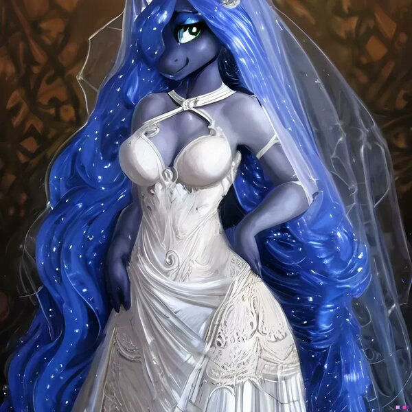 Size: 1024x1024 | Tagged: safe, derpibooru import, machine learning generated, princess luna, alicorn, anthro, breasts, cleavage, clothes, dress, hair over one eye, image, jpeg, looking at you, smiling, solo