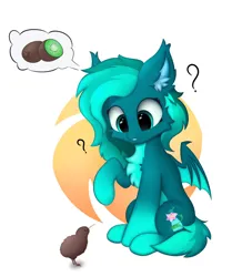 Size: 1804x2160 | Tagged: safe, artist:hotimoonwoods, derpibooru import, oc, unofficial characters only, bat pony, kiwi, abstract background, commission, cutie mark, ear fluff, food, fruit, image, kiwi fruit, png, simple background, sitting