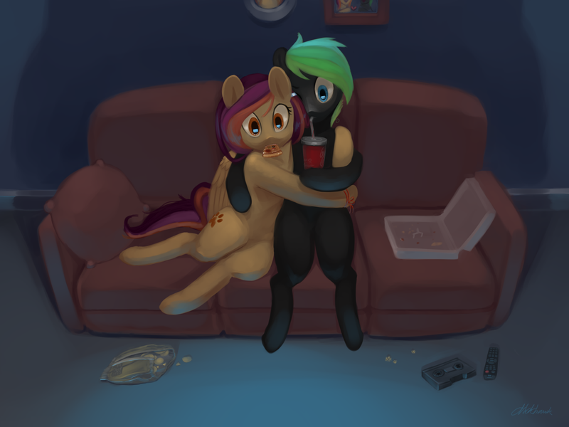 Size: 1600x1200 | Tagged: safe, artist:chickhawk96, derpibooru import, oc, oc:glitch, oc:lessi, unofficial characters only, earth pony, pegasus, pony, couch, drinking straw, female, food, glessi, hug, image, male, movie night, night, oc x oc, pizza, png, shipping, straight