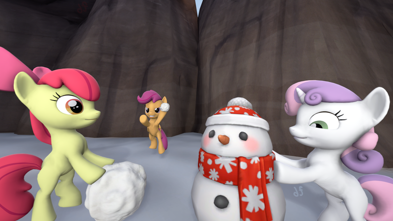 Size: 1920x1080 | Tagged: safe, artist:derpy_fan, derpibooru import, apple bloom, scootaloo, sweetie belle, earth pony, pegasus, pony, unicorn, 3d, cutie mark crusaders, image, png, snow, snowball, snowman, source filmmaker