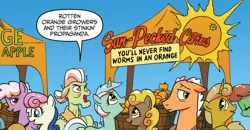 Size: 1334x695 | Tagged: safe, artist:tonyfleecs, derpibooru import, idw, bon bon, granny smith, lyra heartstrings, ponyacci, sweetie drops, unnamed character, unnamed pony, earth pony, pegasus, pony, unicorn, friends forever, spoiler:comic, dialogue, female, food, gradient background, group, image, jpeg, male, mare, orange, sign, stallion, tent
