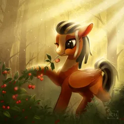 Size: 1500x1500 | Tagged: safe, artist:scheadar, derpibooru import, oc, oc:scrappy rug, unofficial characters only, pegasus, crepuscular rays, fanfic art, forest, image, jpeg, pegasus oc, raspberry, solo, spotted, tongue out, tree, wings