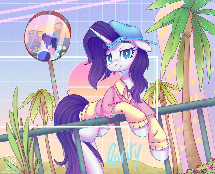 Size: 3052x2480 | Tagged: safe, artist:musicfirewind, derpibooru import, rarity, pony, unicorn, alternate hairstyle, backwards ballcap, baseball cap, cap, clothes, disguise, female, floppy ears, hat, high res, image, jpeg, looking at you, mare, palm tree, plainity, solo, tree, unamused, white pupils