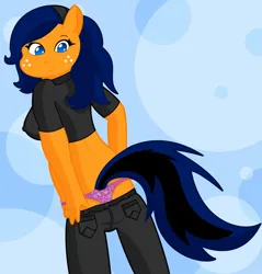 Size: 1000x1044 | Tagged: suggestive, artist:pgm-m, derpibooru import, oc, oc:black sapphire, oc:bold sapphire, pony, background, black shirt, blue background, breasts, clothes, denim, female, image, jeans, lace underwear, mare, milf, mother, nipples, nudity, panties, pants, pants down, png, sexy, shirt, simple background, solo, solo female, stupid sexy black sapphire, stupid sexy bold sapphire, thong, underwear