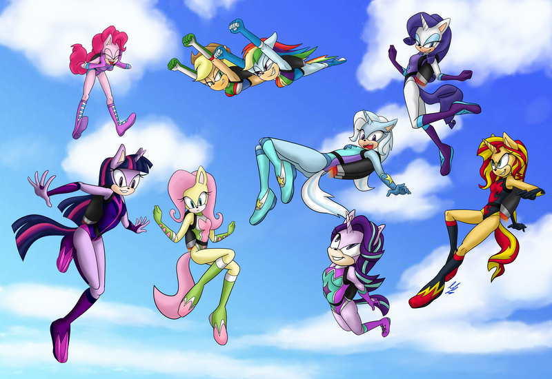 Size: 8000x5500 | Tagged: safe, artist:mysteryshadow29, derpibooru import, applejack, fluttershy, pinkie pie, rainbow dash, rarity, starlight glimmer, sunset shimmer, trixie, twilight sparkle, anthro, earth pony, pegasus, unicorn, clothes, flying, image, jetpack, jpeg, leotard, mobian, sky, sky background, sonic the hedgehog (series), sonicified, unicorn twilight