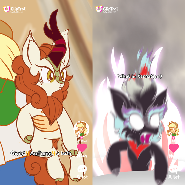 Size: 2250x2250 | Tagged: safe, artist:theratedrshimmer, derpibooru import, applejack, autumn blaze, human, kirin, nirik, equestria girls, bath, behaving like a cat, blurry, fire, image, meme, png, ponified animal photo, ponified meme, tiktok, what in tarnation