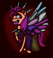 Size: 1284x1409 | Tagged: grimdark, artist:tailrust, derpibooru import, sunny starscout, fanfic:cupcakes, broken horn, choker, clothes, cutie mark dress, dress, g5, horn, image, implied murder, insanity, jpeg, open mouth, severed limb, severed wing, solo, wings